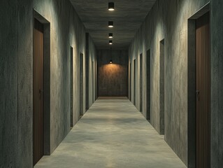 A dimly lit corridor featuring multiple doors and modern design.