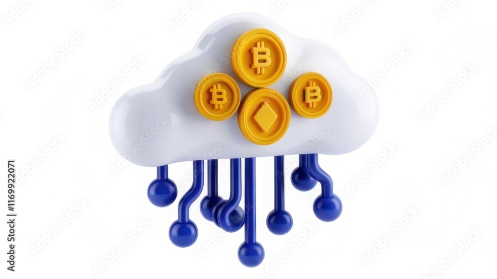 Poster a cloud-shaped graphic featuring bitcoin coins, symbolizing the integration of cryptocurrency and cl