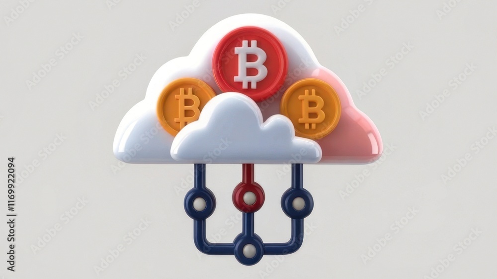 Poster a stylized cloud graphic featuring bitcoin symbols, representing cloud computing and cryptocurrency 