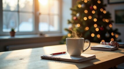 Warm beverage and notepad by sunlit window with a festive tree in the background