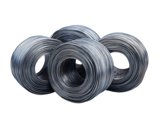 Coiled steel wire in industrial setting.