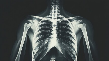 An X-ray image displaying a human skeleton, focusing on the ribcage and shoulder joints against a dark background.