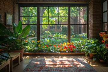 Fototapeta premium Sunlit room with large windows overlooking a vibrant garden.