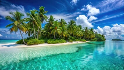 Fototapeta premium A serene and idyllic paradise island with crystal-clear turquoise waters lapping at its pristine white sandy beaches surrounded by swaying palm trees, ocean, paradise