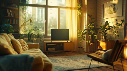 大きな窓から差し込む光が美しい、観葉植物に囲まれたテレビのある部屋。ソファがあり、リラックスできるスペース。在宅仕事、オンラインセミナー、Zoom、打ち合わせ、SNS、動画の背景として使えます