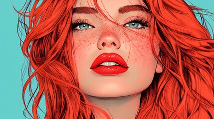 Vibrant red-haired woman with freckles and bold red lipstick. Sanguine. Illustration