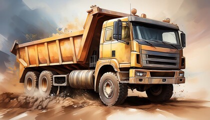 Obraz premium A vibrant yellow dump truck driving through a dusty terrain, showcasing its rugged design and powerful presence in construction or hauling environments.
