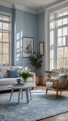 Fototapeta premium Elegant pastel blue living room with soft couch rug expansive window fresh flowers romantic curtains and stylish modern decor
