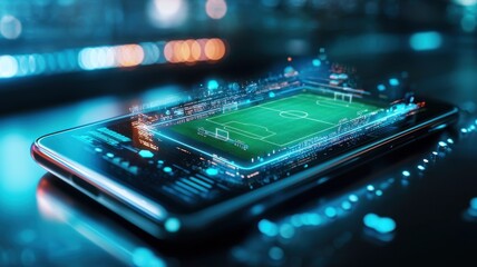 A smartphone displaying a virtual soccer field illustration.