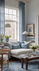 Obraz premium Serene and cozy pastel blue room with soft couch rug large window flowers romantic curtains and contemporary modern elements