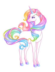 Beautiful unicorn with rainbow mane. Cartoon vector illustration.