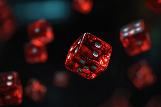 A collection of floating red dice with black dots, creating a dynamic and vibrant visual effect against a dark background.