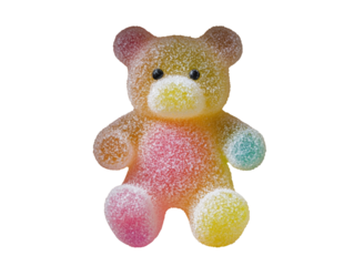 Colorful gummy bear candy on white background.