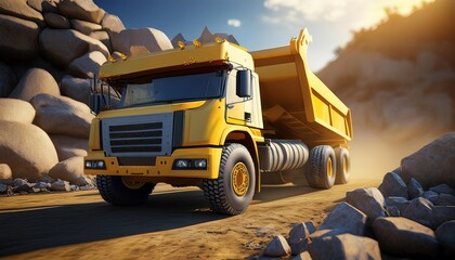 Naklejka premium A bright yellow dump truck drives through a rocky terrain, showcasing its robust design against a scenic backdrop of mountains and a clear sky.