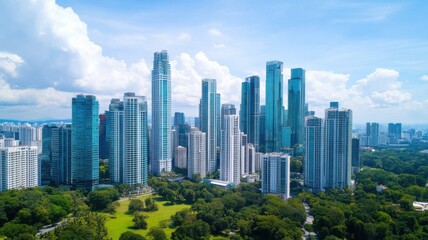 Obraz premium Aerial view of modern skyscrapers amidst lush green parks.