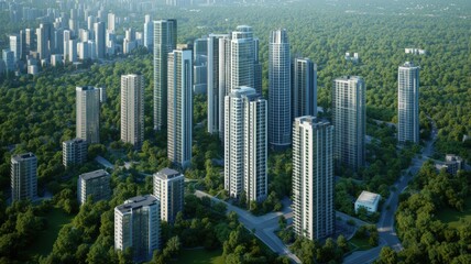Obraz premium Aerial view of modern urban skyscrapers amidst green landscapes.