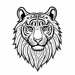 head of tiger art tribal style black and white outline illustration design