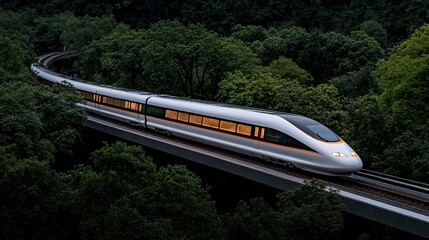 Futuristic High-Speed Train in Motion Through Green Landscape