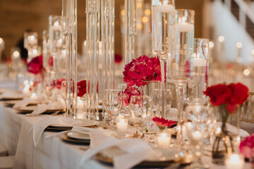 Elegant Wedding Table with Red Flowers, Crystal Candleholders, and Luxurious Decor for a Romantic Candlelit Reception