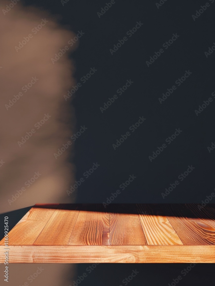 Poster a rectangular wooden table in a dark room, illuminated by studio lights to create a dramatic shadow.