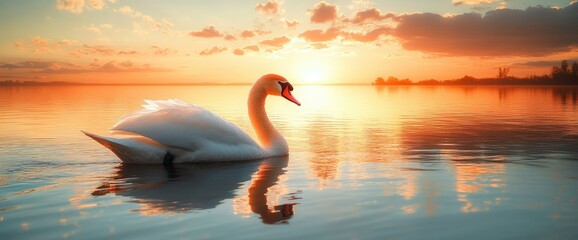 Fototapeta premium Majestic Swan at Golden Sunset on Calm Lake