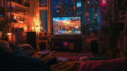 Cozy living room with warm lights and a television display.