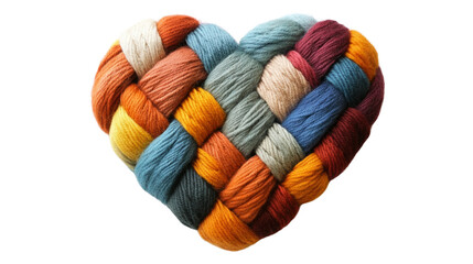Colorful yarn woven into a heart shape.