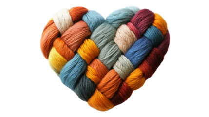 Colorful yarn woven into a heart shape.