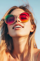 Fototapeta premium Stylish young woman wearing vibrant colorful sunglasses against a minimalist white background, showcasing fashion and individuality, high-definition and detailed composition.