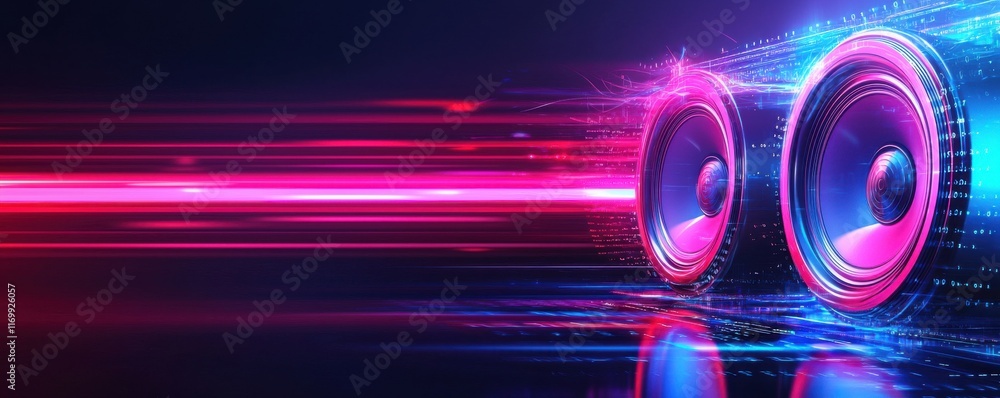 Poster dynamic sound system with neon lights and vibrant audio waves.