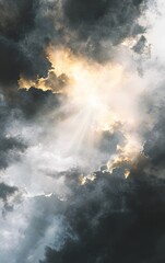 Fototapeta premium Modern abstract sky 3D abstract sky mural with gray clouds, black silhouettes, golden sunburst, dynamic textures