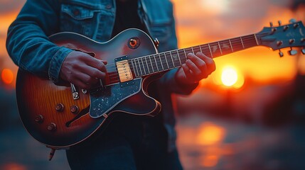 Naklejka premium Musician Plays Guitar During Sunset