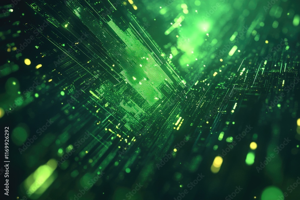 Poster a digital cyberpunk world with a green glow, represented by abstract computer code and futuristic el