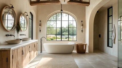 Mediterranean-style modern bathroom with rustic elements and arched windows