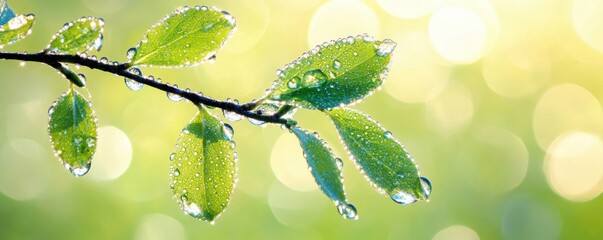 Fresh green leaves with droplets shining in soft light background.