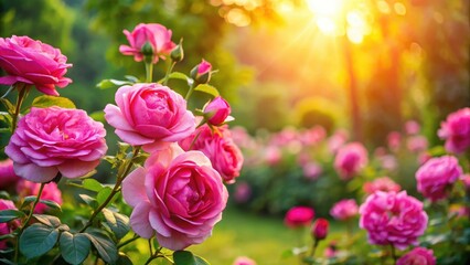 Obraz premium Vibrant pink roses in a garden, surrounded by lush greenery and sunshine, beautiful, pink flowers, beautiful,pink flowers