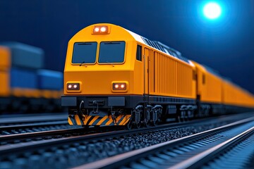 Naklejka premium Nighttime freight train; a yellow locomotive leads a long line of cargo cars.