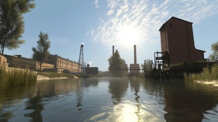 Obraz premium Industrial Canal Under Bright Midday Sun