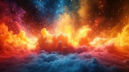 Fototapeta premium Vibrant nebula cloudscape with fiery orange and cool blue hues, speckled with bright stars.