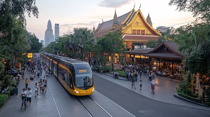 Obraz premium High-Speed Train Gliding Past Grand Palace at Sunset