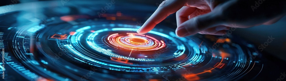 Poster futuristic interface with touching hand manipulating data circle.