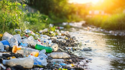 Fototapeta premium Industrial Waste Along Riverbank Under Bright Sunlight