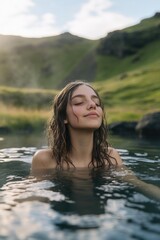 Fototapeta premium A young woman bathing under a sunlit sky, enjoying nature's tranquility.