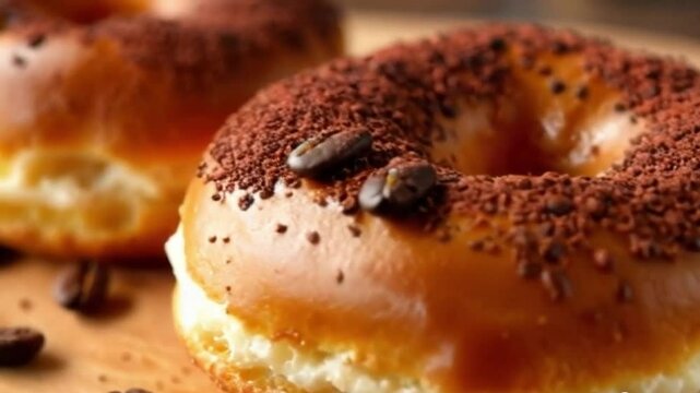 Espresso cocoa cronut with caramel glaze, espresso beans, cocoa powder, and cozy lighting to enhance rich textures