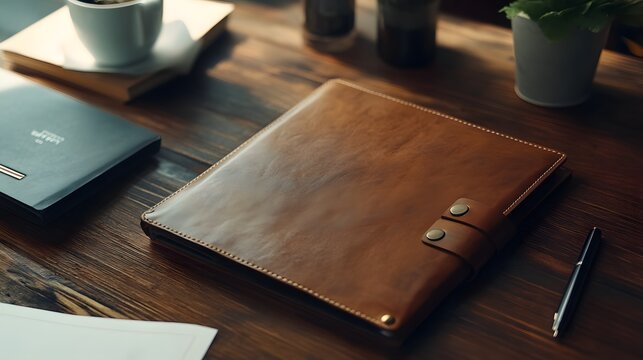 Elegant portfolio mockup template with a leather binder, placed on a wooden desk