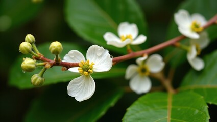 Delicate white blossoms and buds on a woody stem, symbolizing growth and purity -  a reminder of nature's beauty and resilience - suitable for botanical studies, greeting cards, or nature documentarie