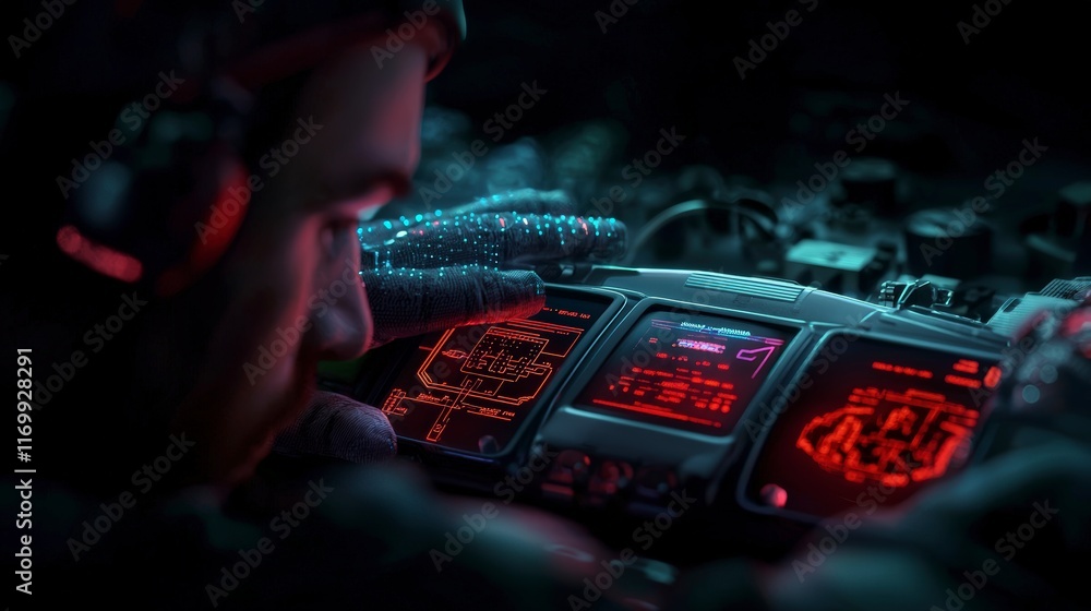 Aufkleber futuristic interface cyberspace operator monitoring digital grid