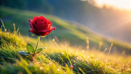 A single red rose blooms on a grassy hillside after dew, with morning light illuminating its petals and center, morning light, kiss of dawn