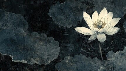 Single white lotus flower blooming in dark water, surrounded by large leaves.