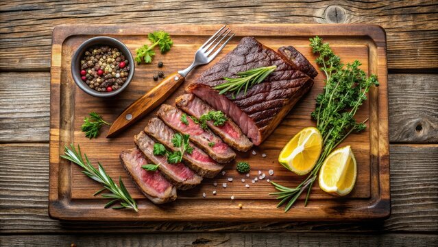 Sizzling grilled flat iron steak on a wooden cutting board in a flat lay style from overhead, with a sprinkle of fresh herbs and a squeeze of lemon , beef, flatiron